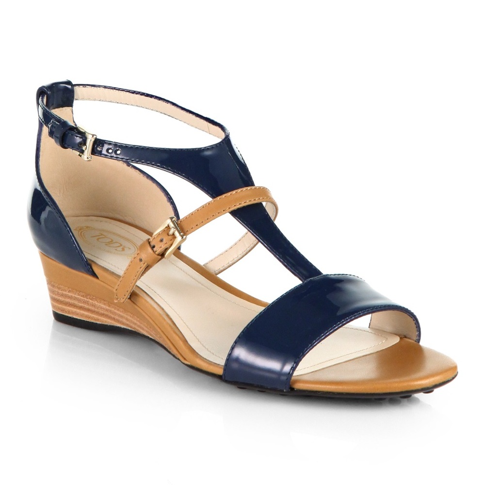 Tod’s Wedge Sandals, Brown and Blue Patent Leather